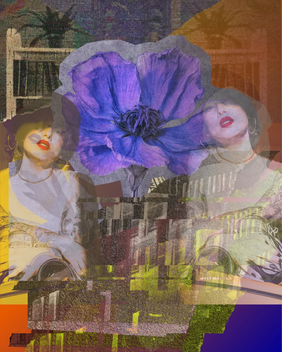 Layered founder self-portrait composition with a large violet flower, architectural fragments, and patterned color fields