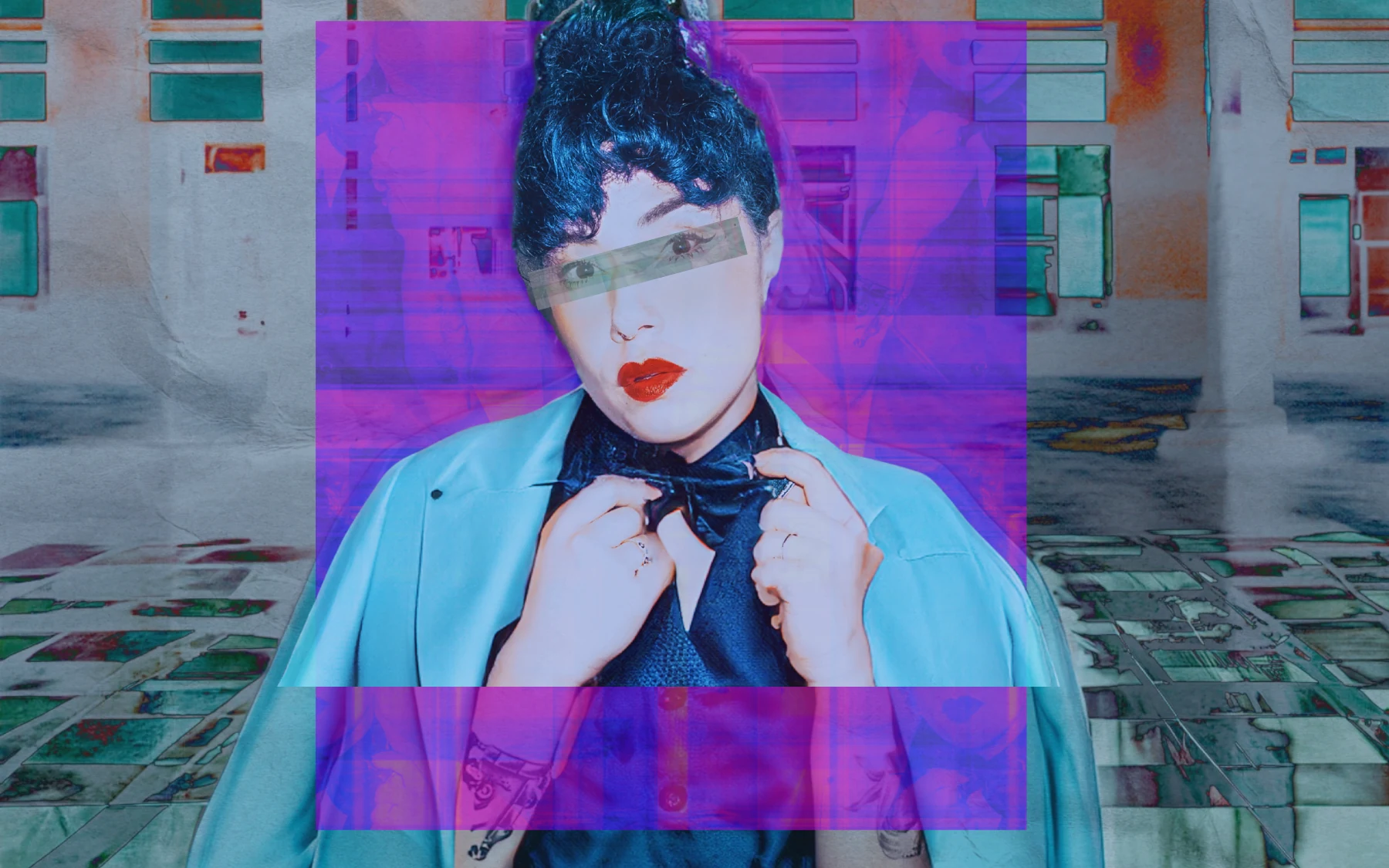Stylized close portrait of Angelynn Avé in cyan, teal, magenta, and architectural layers