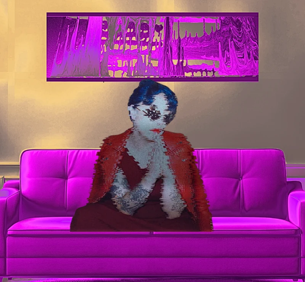 Conceptual self-portrait seated on a magenta sofa beneath violet abstract artwork.
