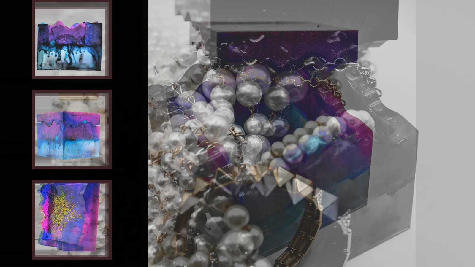Layered composition combining pearl jewelry, purple-and-blue vessels, and framed abstract-art details