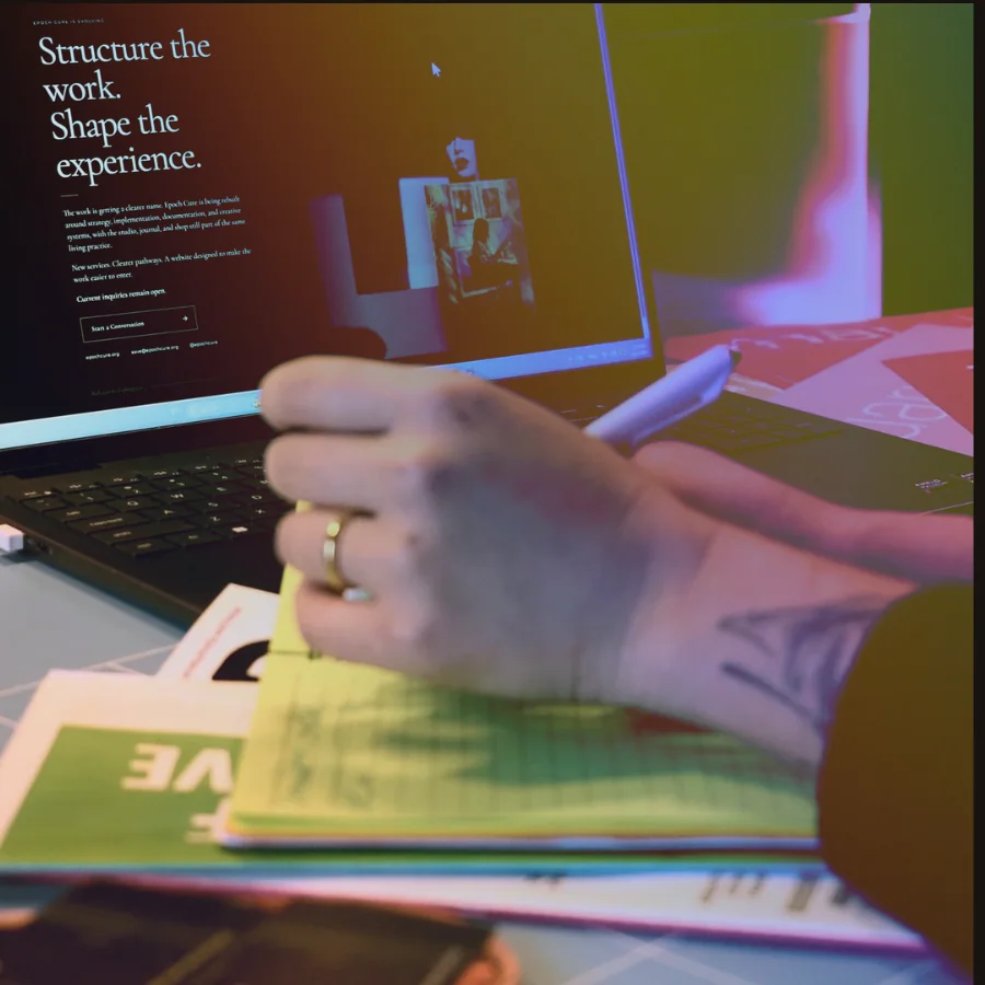 Hands writing on a note beside a laptop showing an Epoch Cure website draft