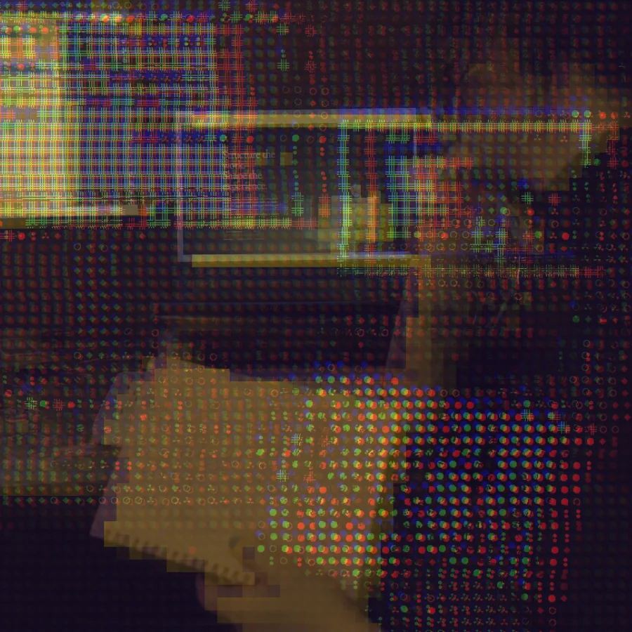 Abstract digital composition of layered grids, symbols, and colored points over a dark workspace