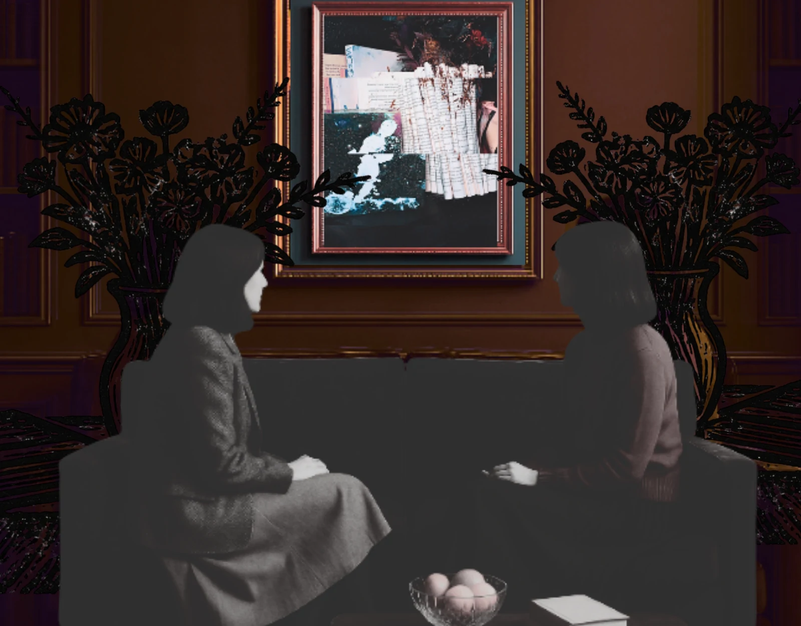 Two grayscale figures sit opposite each other in a deep-brown conceptual room framed by dark flowers and a central artwork