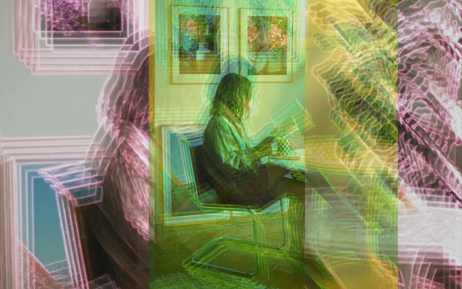 Layered green, gold, and rose conceptual self-portrait of a person reading at a table