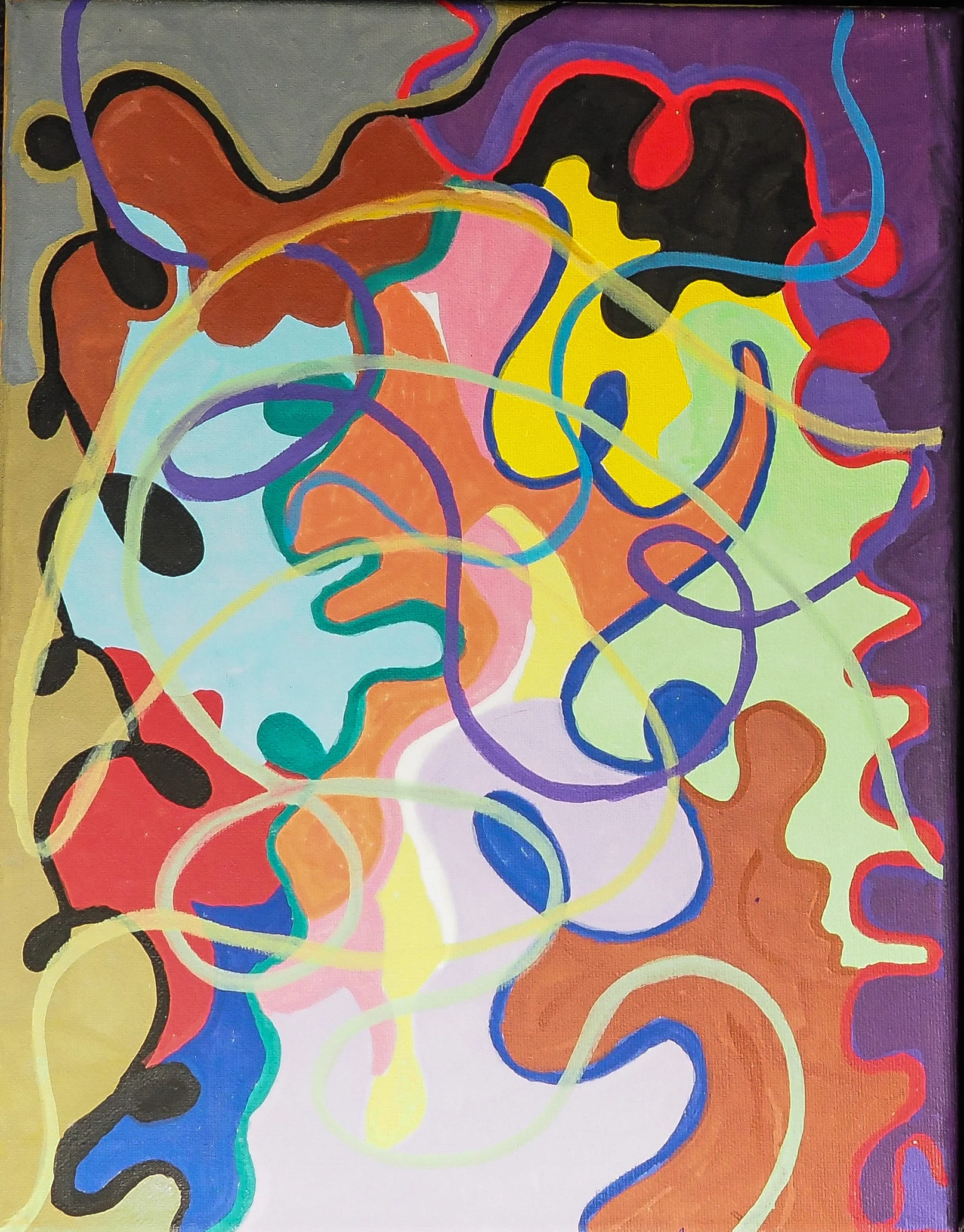 Vertical abstract acrylic painting with turquoise, violet, orange, yellow, and black marks
