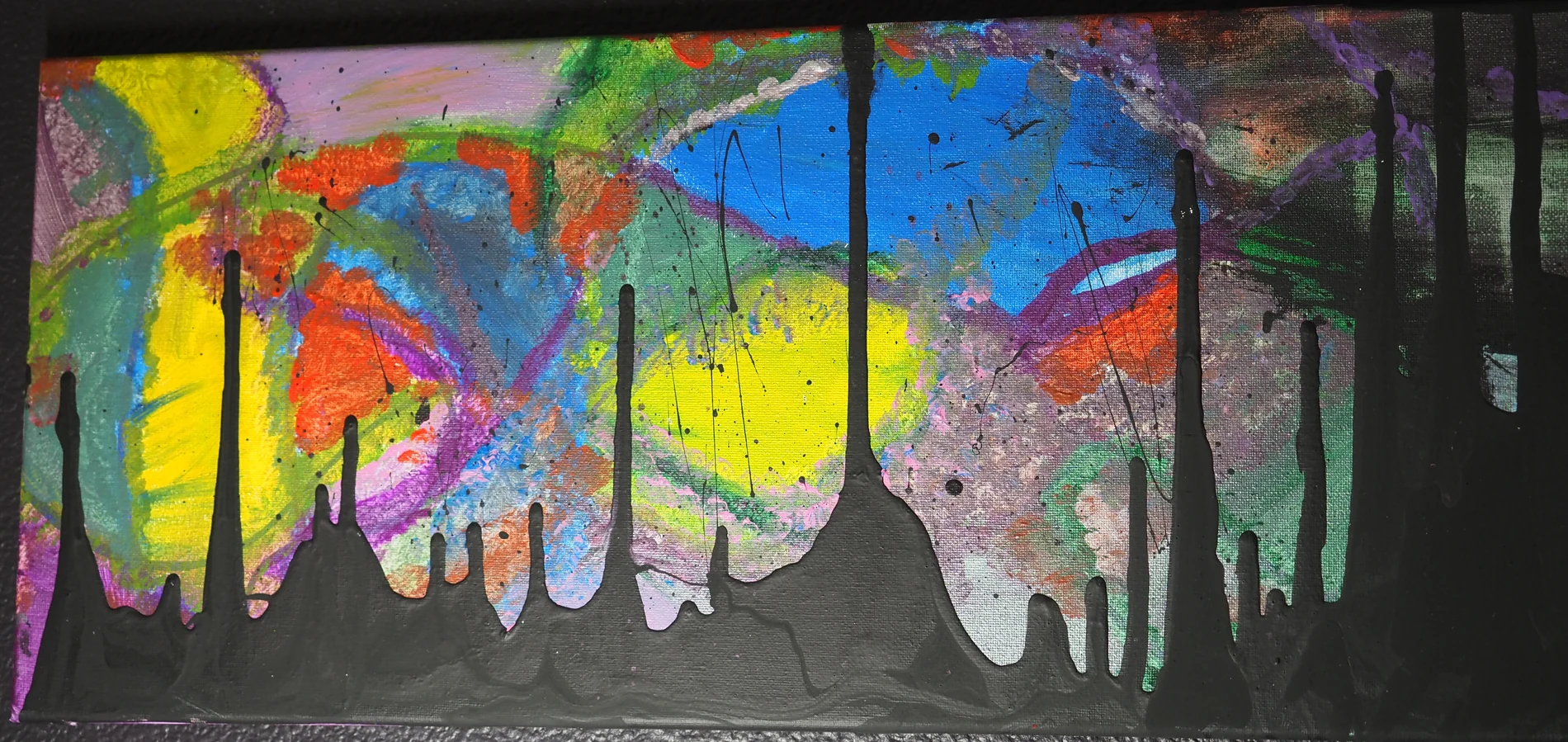Abstract acrylic painting with blue, yellow, orange, green, and black drips