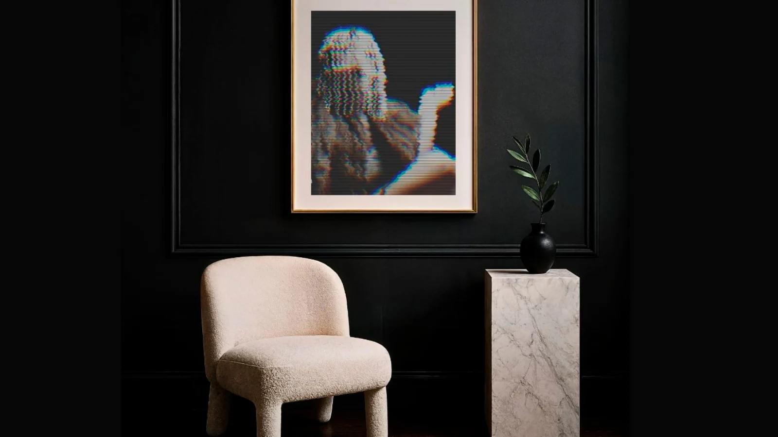 Dark conceptual room with a pale chair, pedestal, plant, and framed glitch portrait