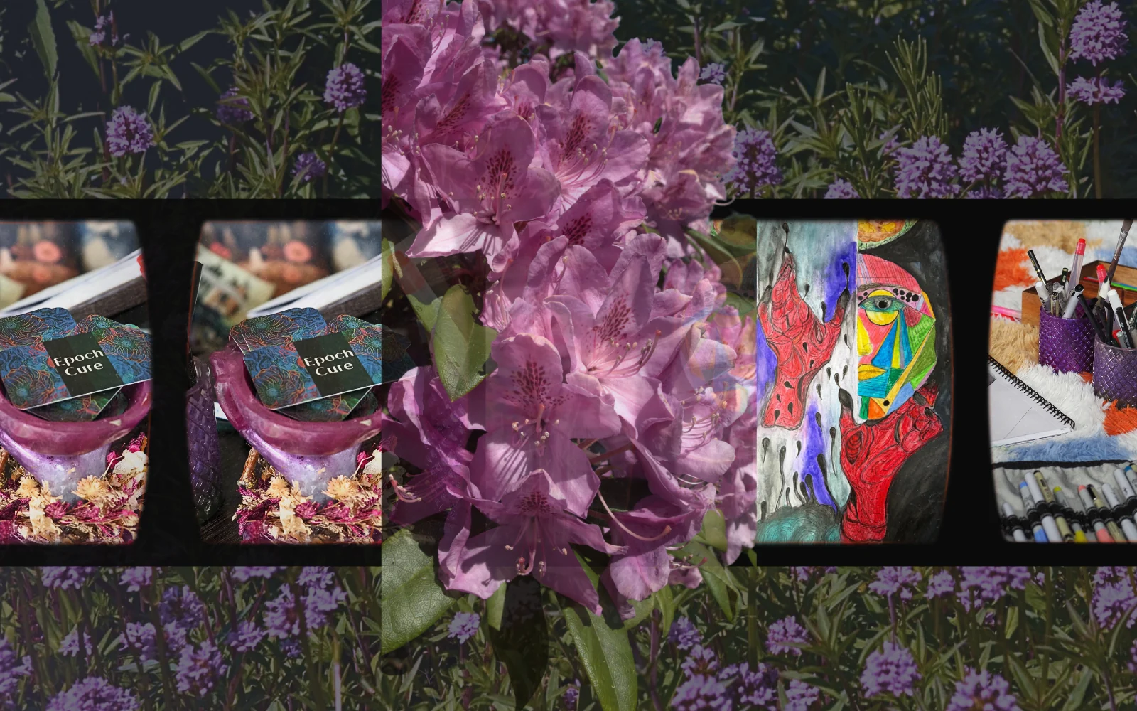 Collage of purple flowers, handmade books, a colorful drawing, and studio tools