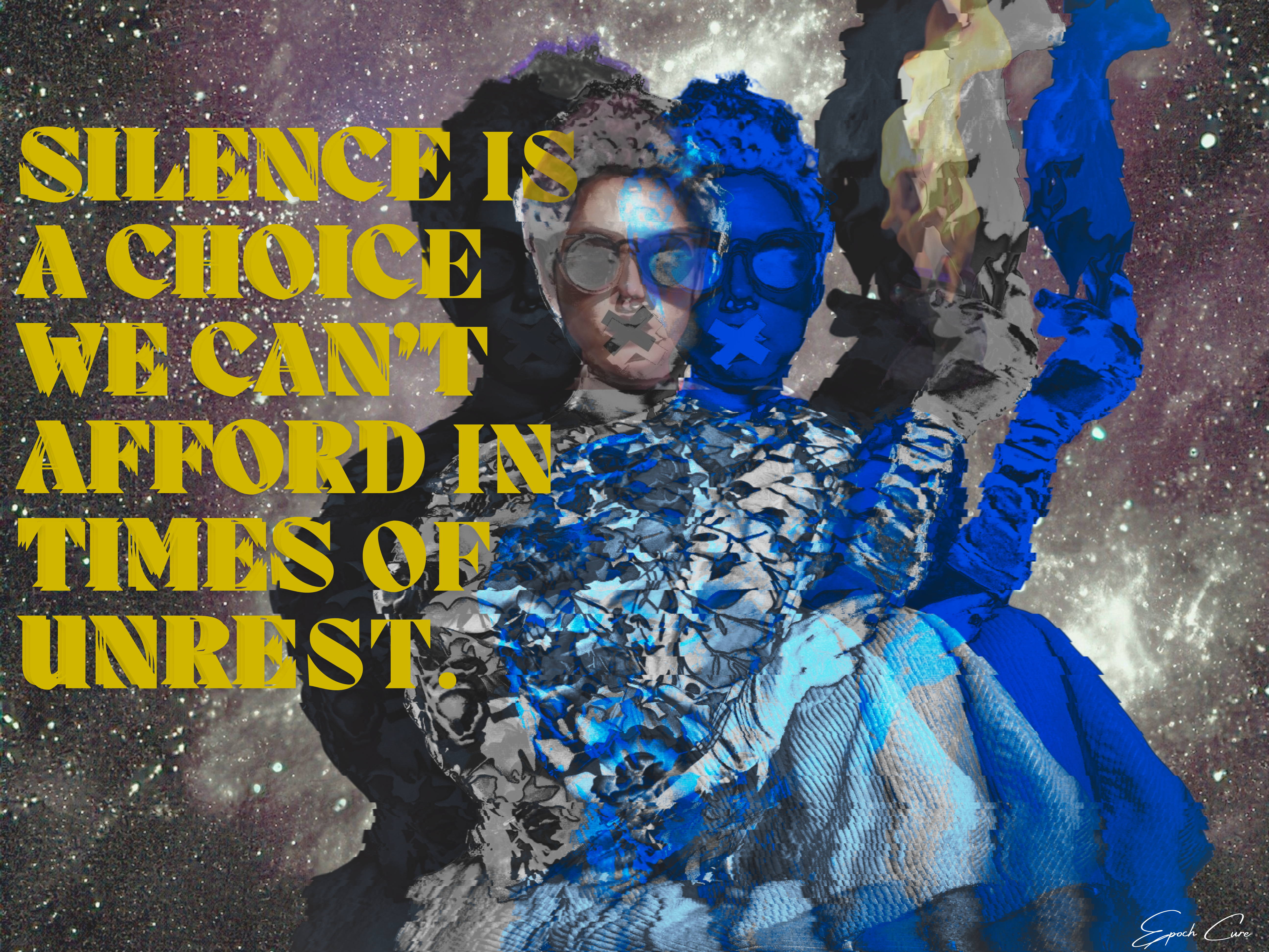 Digital collage portrait against a starry background with a statement about silence and unrest