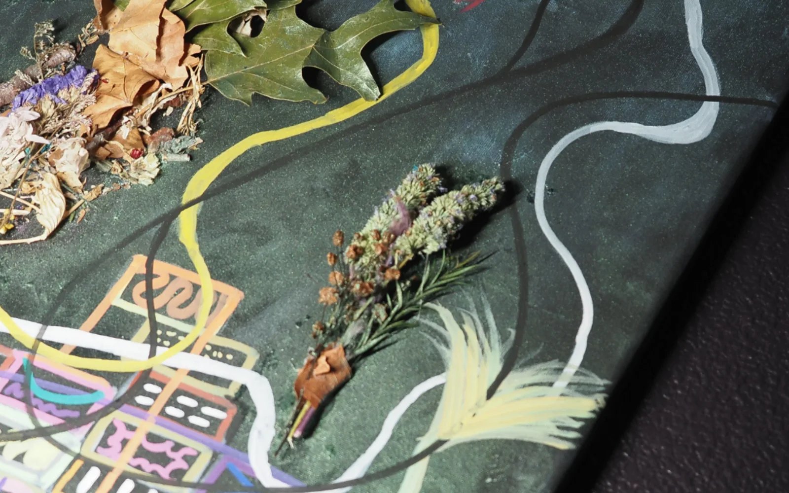 Mixed-media artwork with painted pathways, natural materials, and layered linework