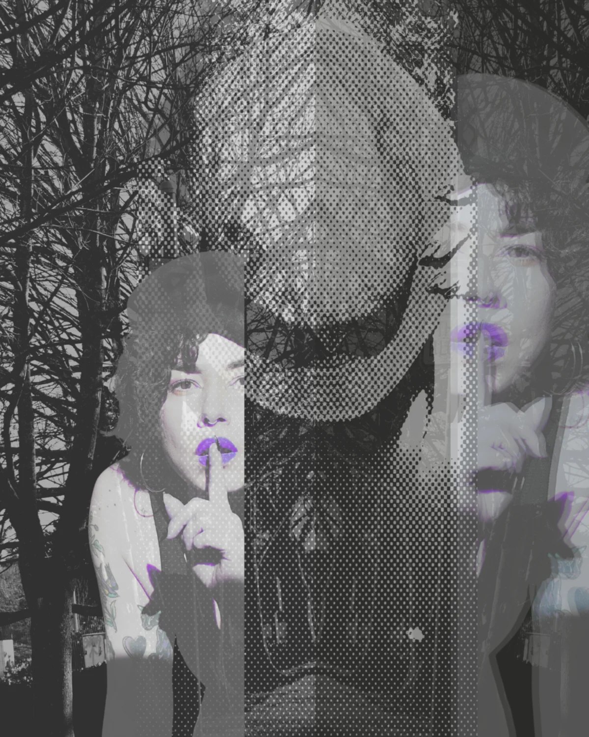 Black-and-white layered conceptual self-portrait