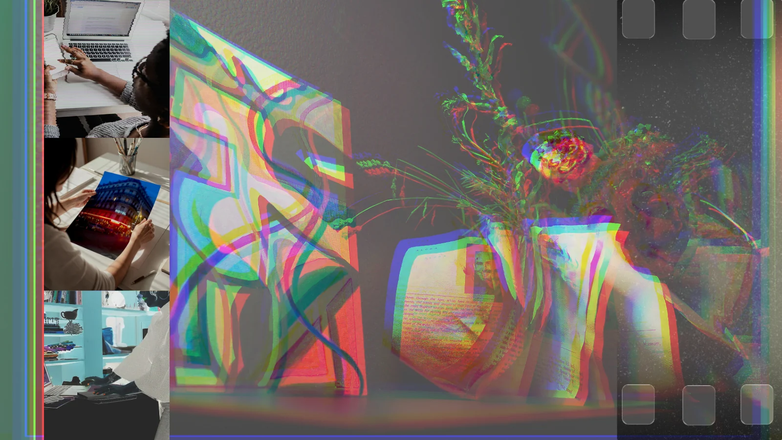 Layered studio composition combining hands at work, original art, flowers, notes, and digital screens